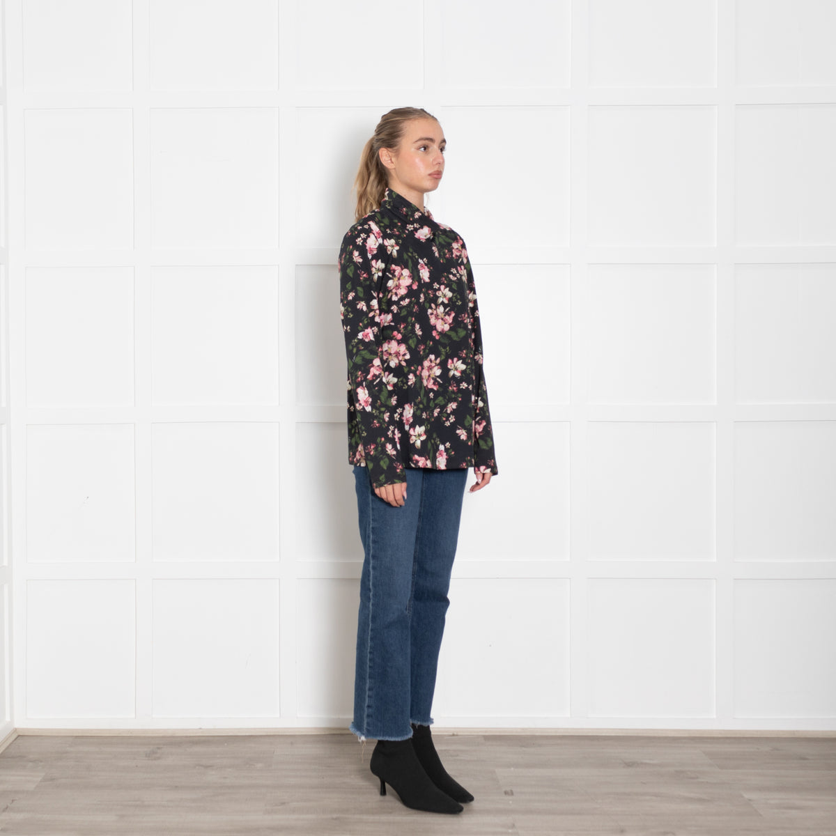 Erdem Black Pink Floral Cotton Long Sleeve Top