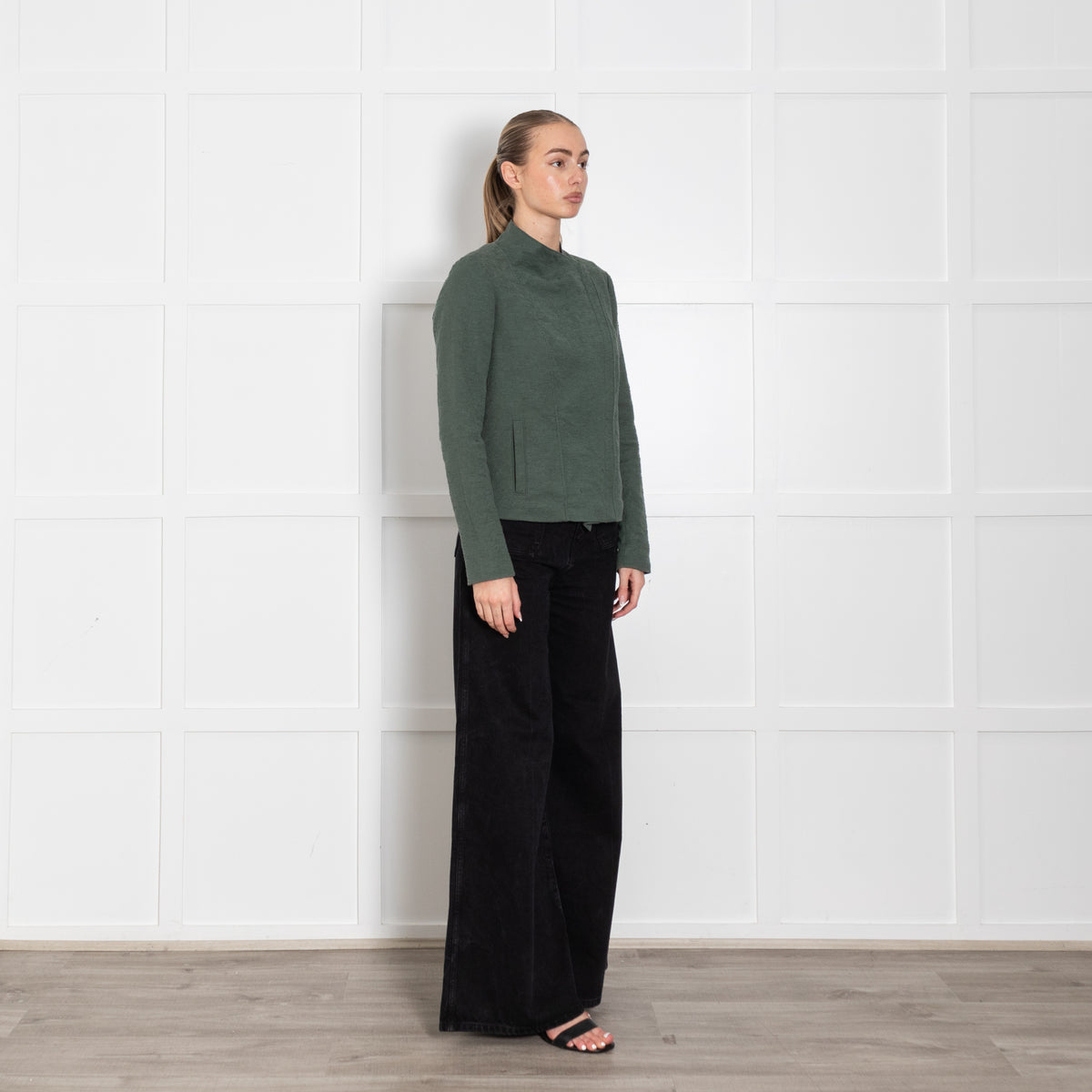 Vince Khaki Green Textured Cotton Blend Zip front Jacket