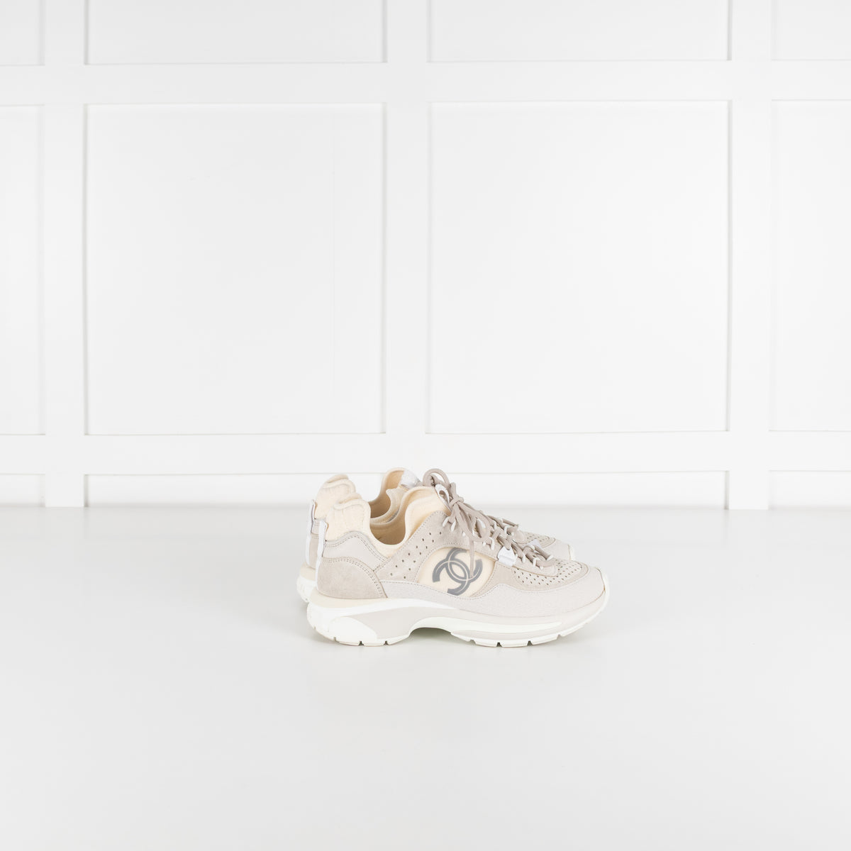 Chanel Beige Perforated Mesh Design With CC Suede Trainers