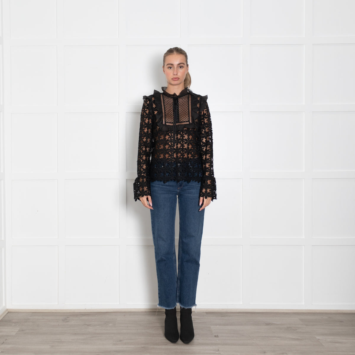 Self Portrait Black Lace Frill Trim Long Sleeve Top