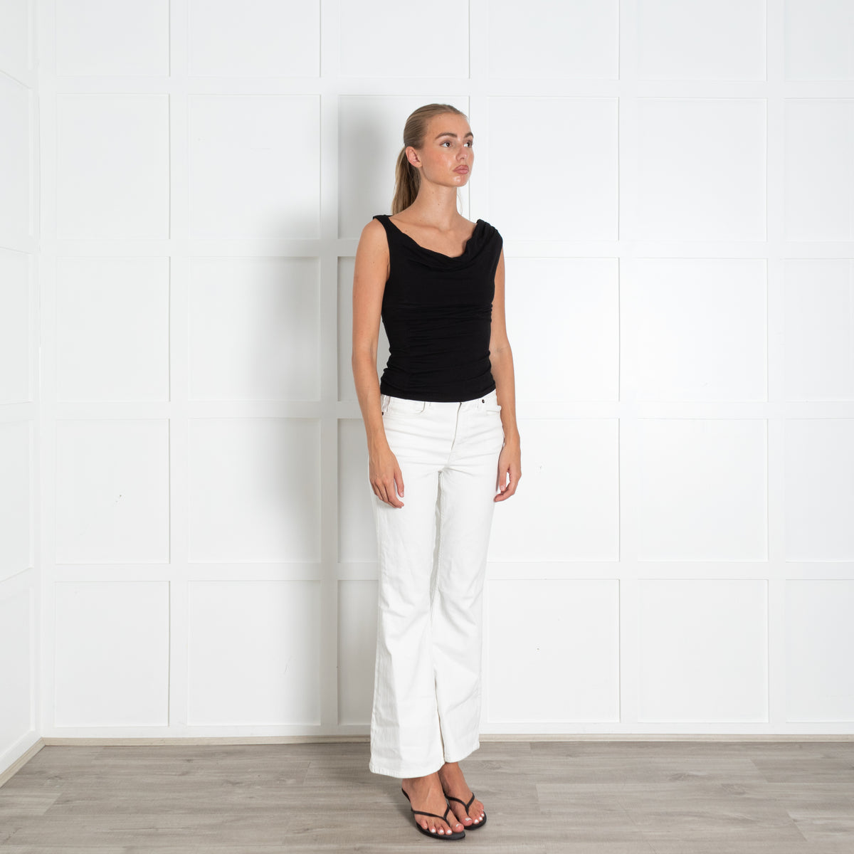 Reformation Black Cowl Neck Sleeveless Top With Assymetric Ruching