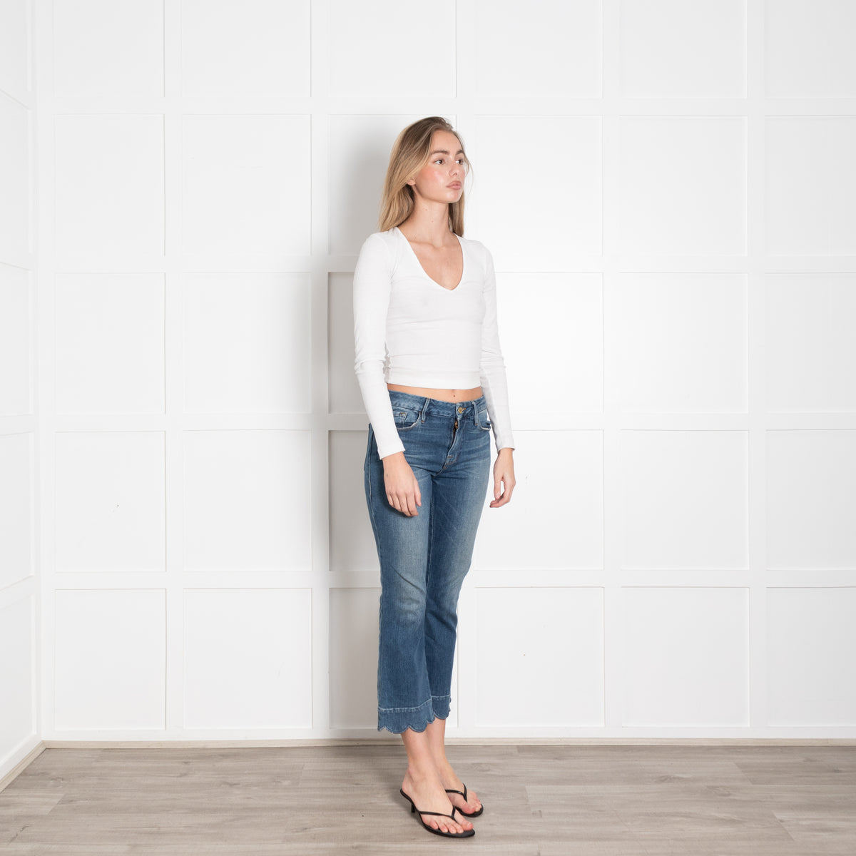 Frame Blue Denim Scallop Trim Cropped Jeans