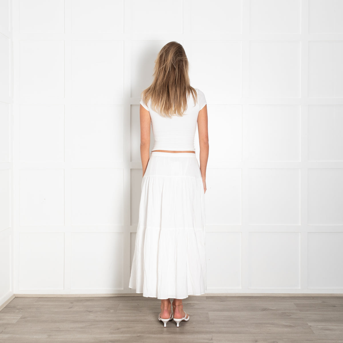 Reformation White Tiered Midi Skirt
