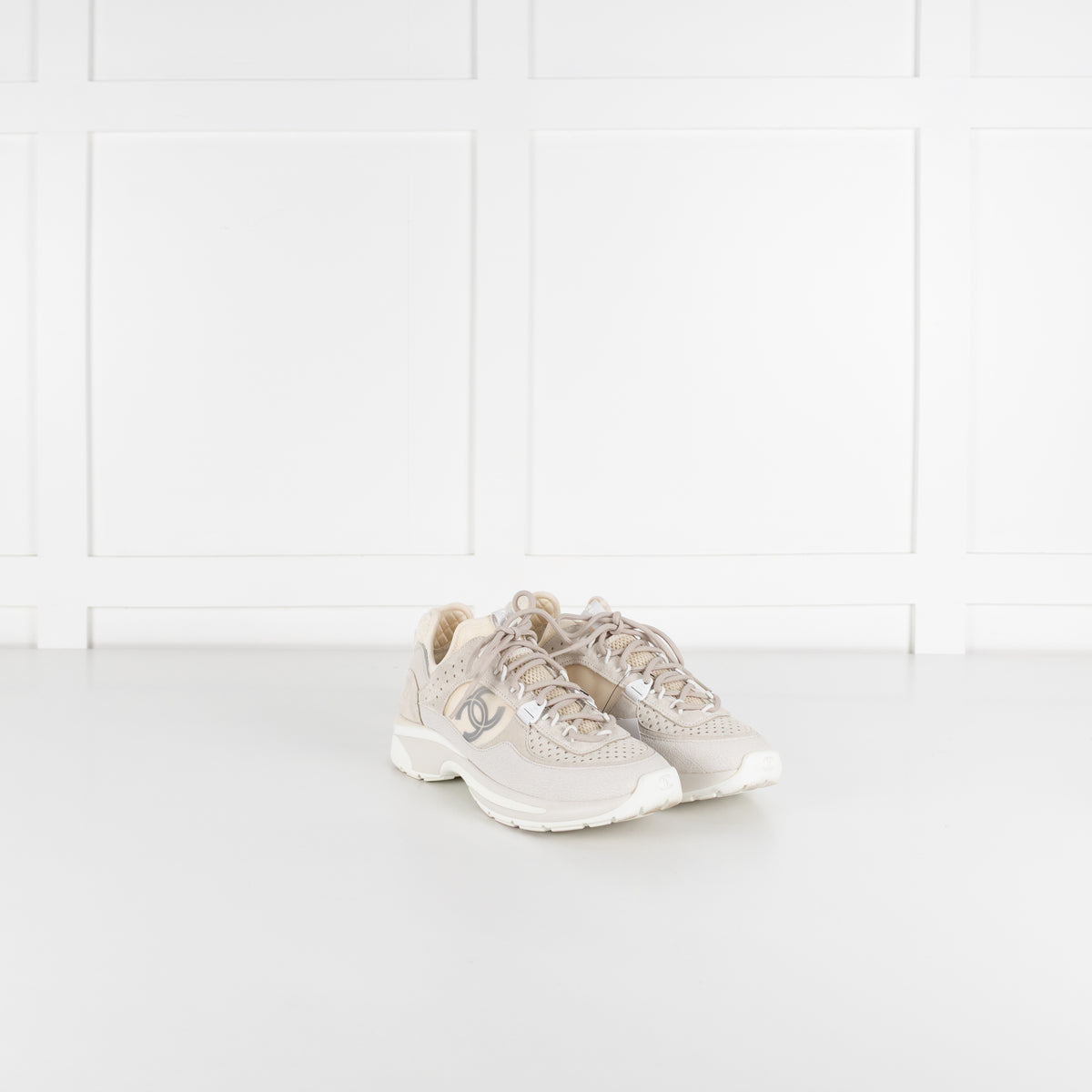 Chanel Beige Perforated Mesh Design With CC Suede Trainers