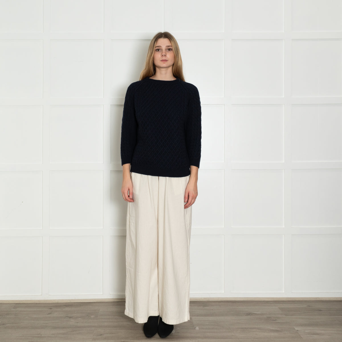 Chinti & Parker Navy Blue Cable Merino Wool Blend Sweater