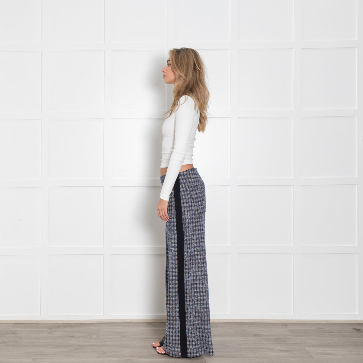 Me+Em Blue Beige Silver Lurex Tweedy Side Stripe Wide Leg Trousers