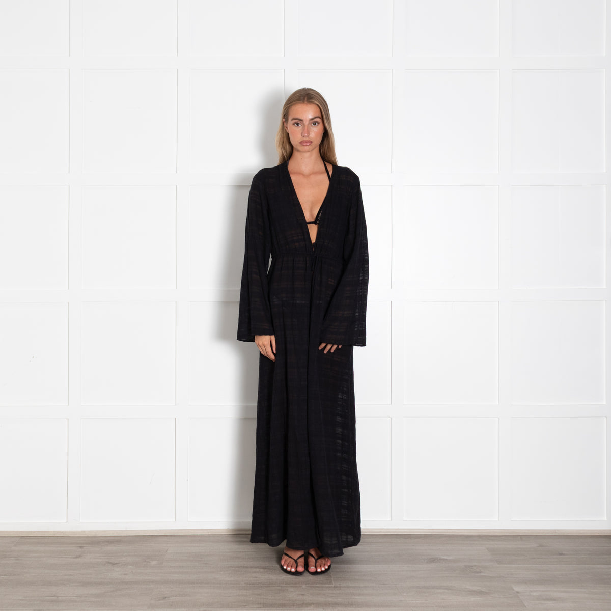 Honorine Black Beach Tie Front Long Kaftan