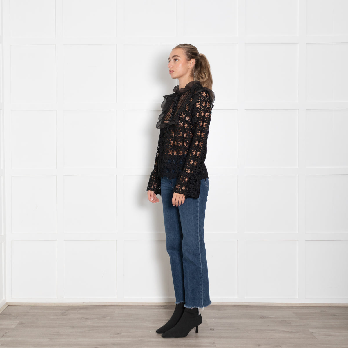 Self Portrait Black Lace Frill Trim Long Sleeve Top