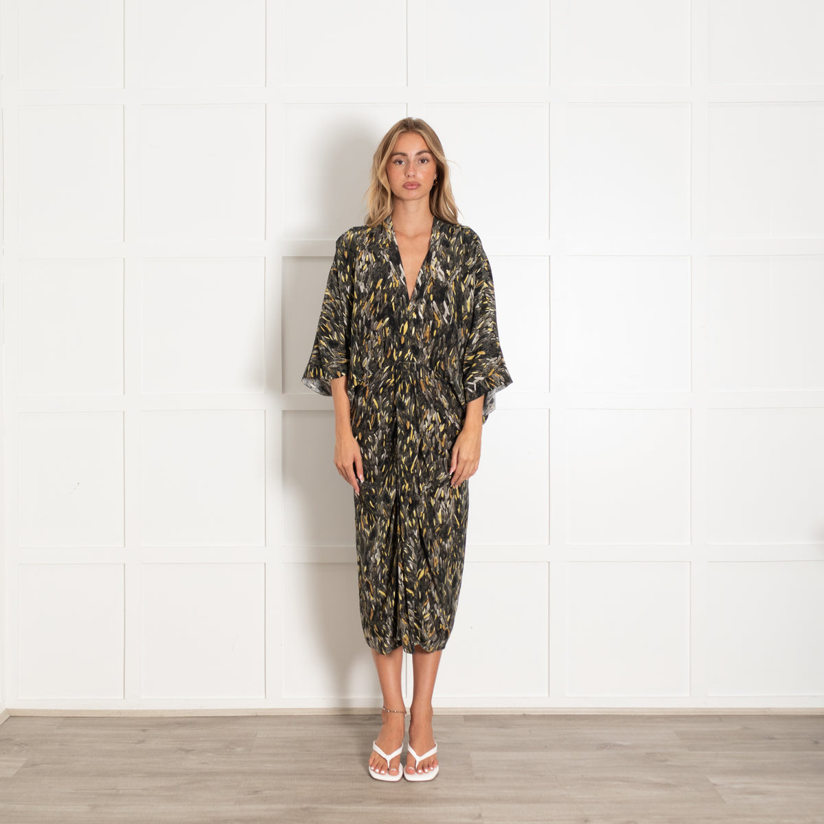 Go Silk Green And Yellow Kimono Style Silk Dress