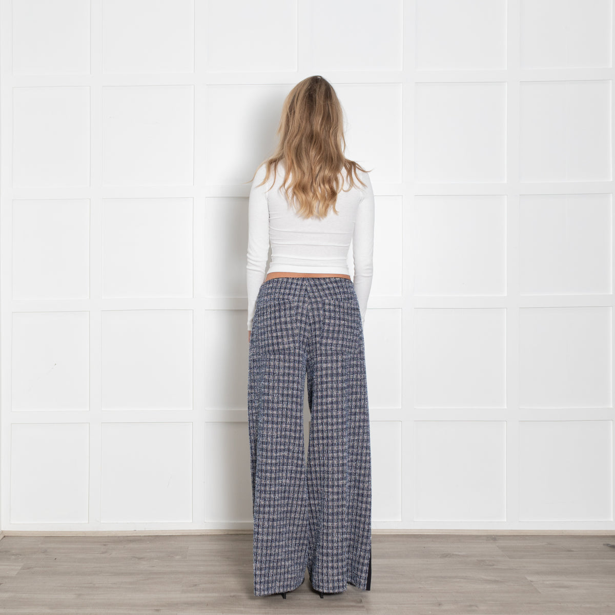 Me+Em Blue Beige Silver Lurex Tweedy Side Stripe Wide Leg Trousers