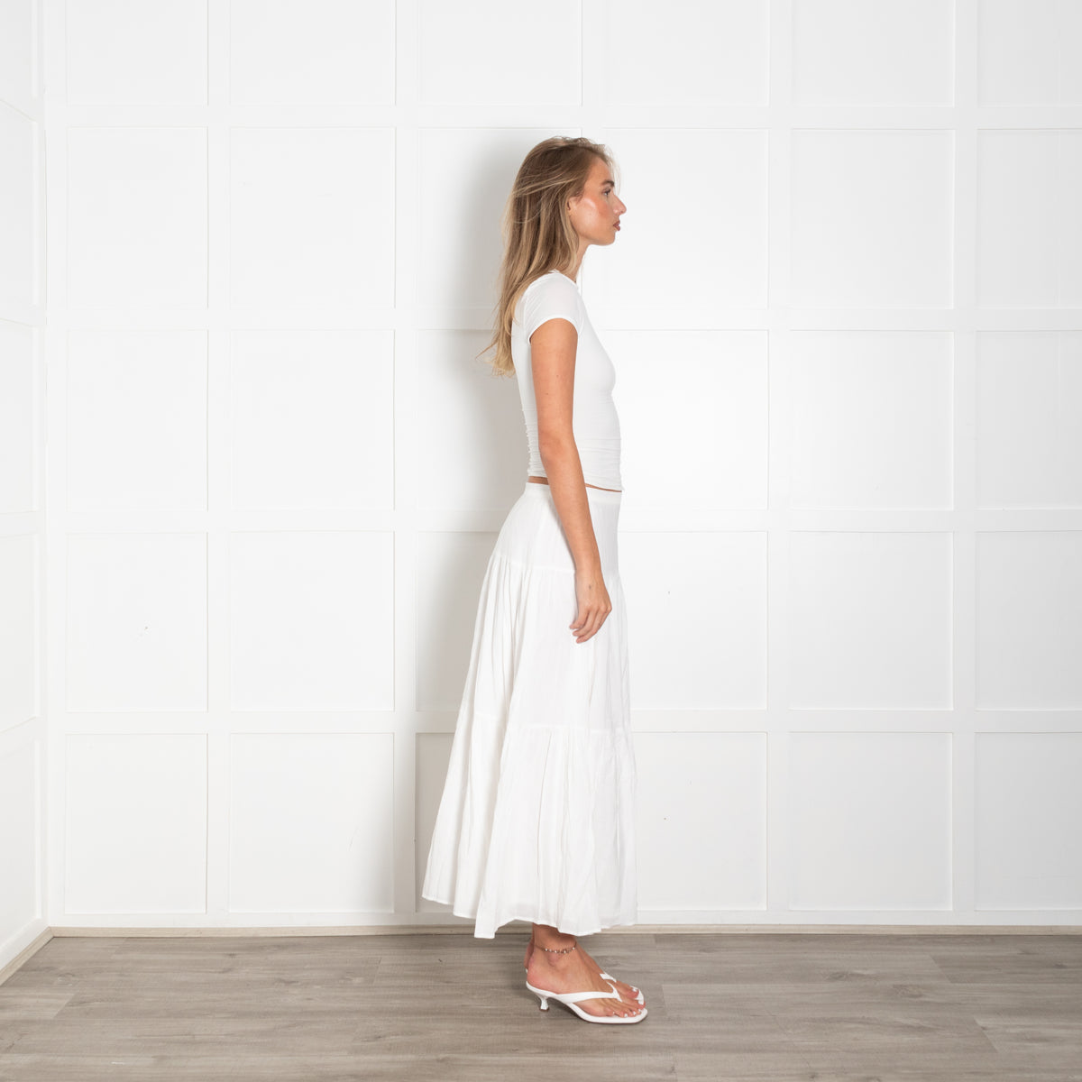 Reformation White Tiered Midi Skirt