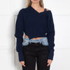 Jacquemus Navy Ribbed  Deep V Crop Asymetric Jumper