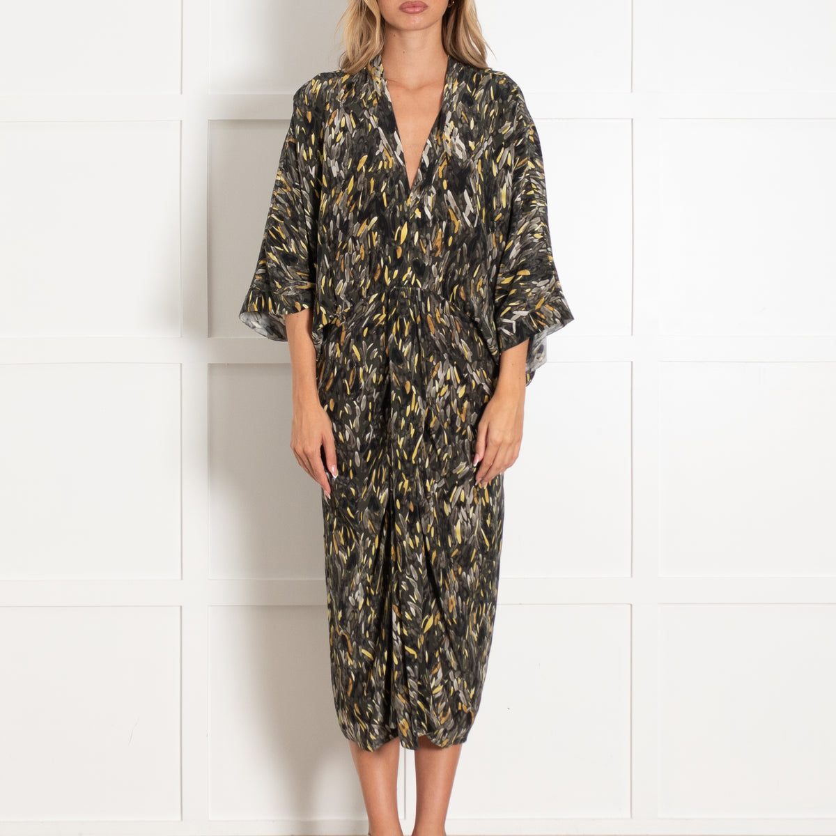 Go Silk Green And Yellow Kimono Style Silk Dress