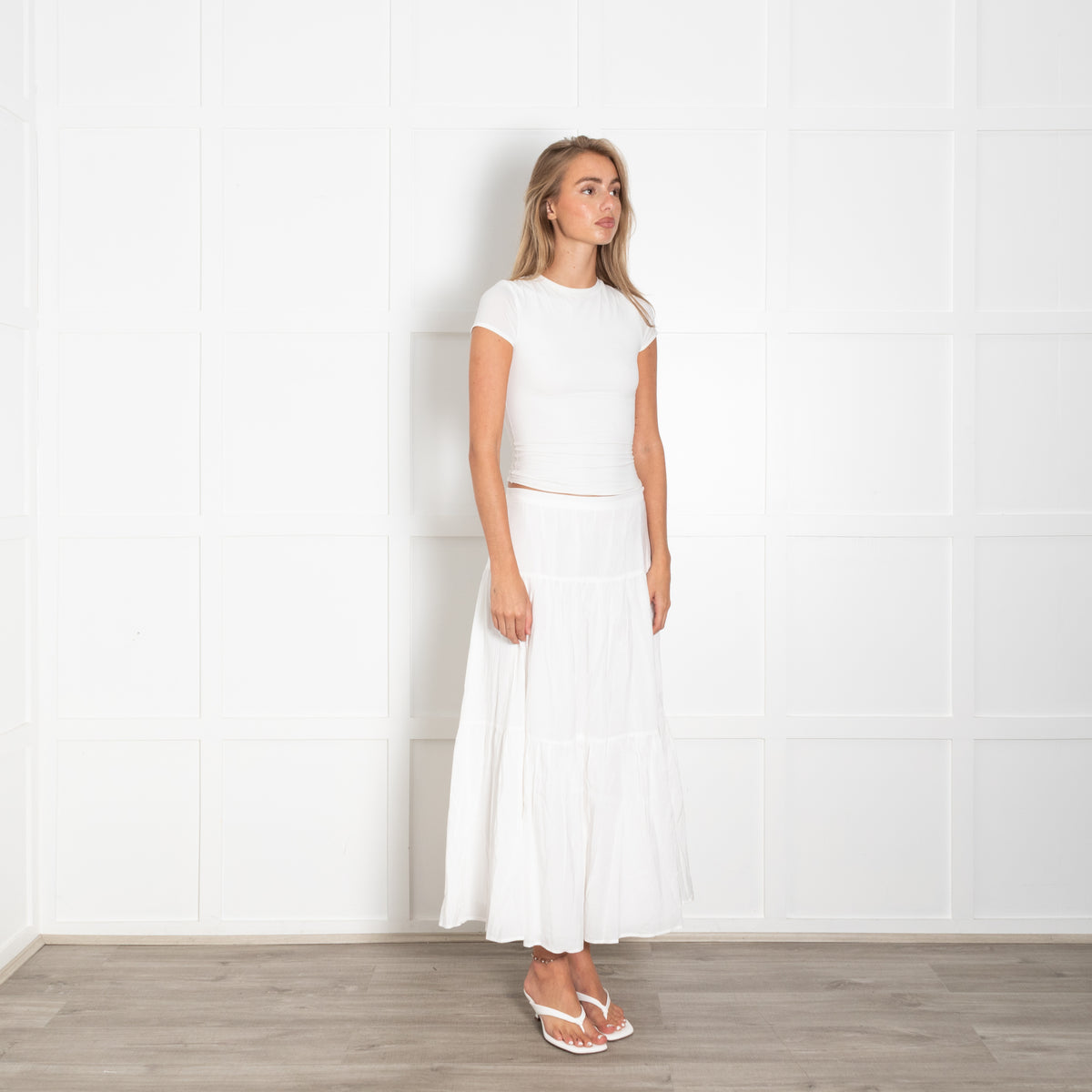 Reformation White Tiered Midi Skirt