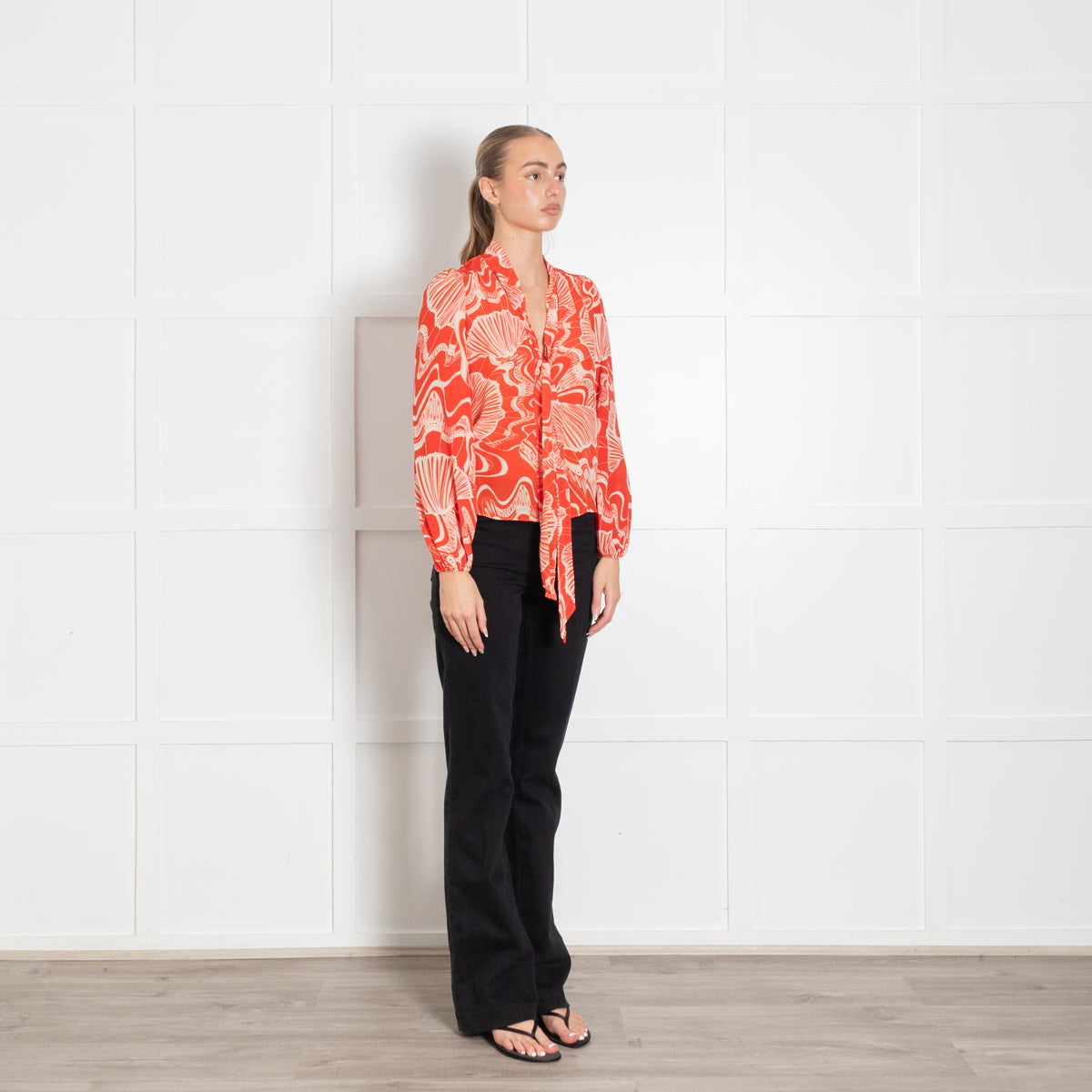 Rixo Orange Cream Pussy Bow Silk Blouse