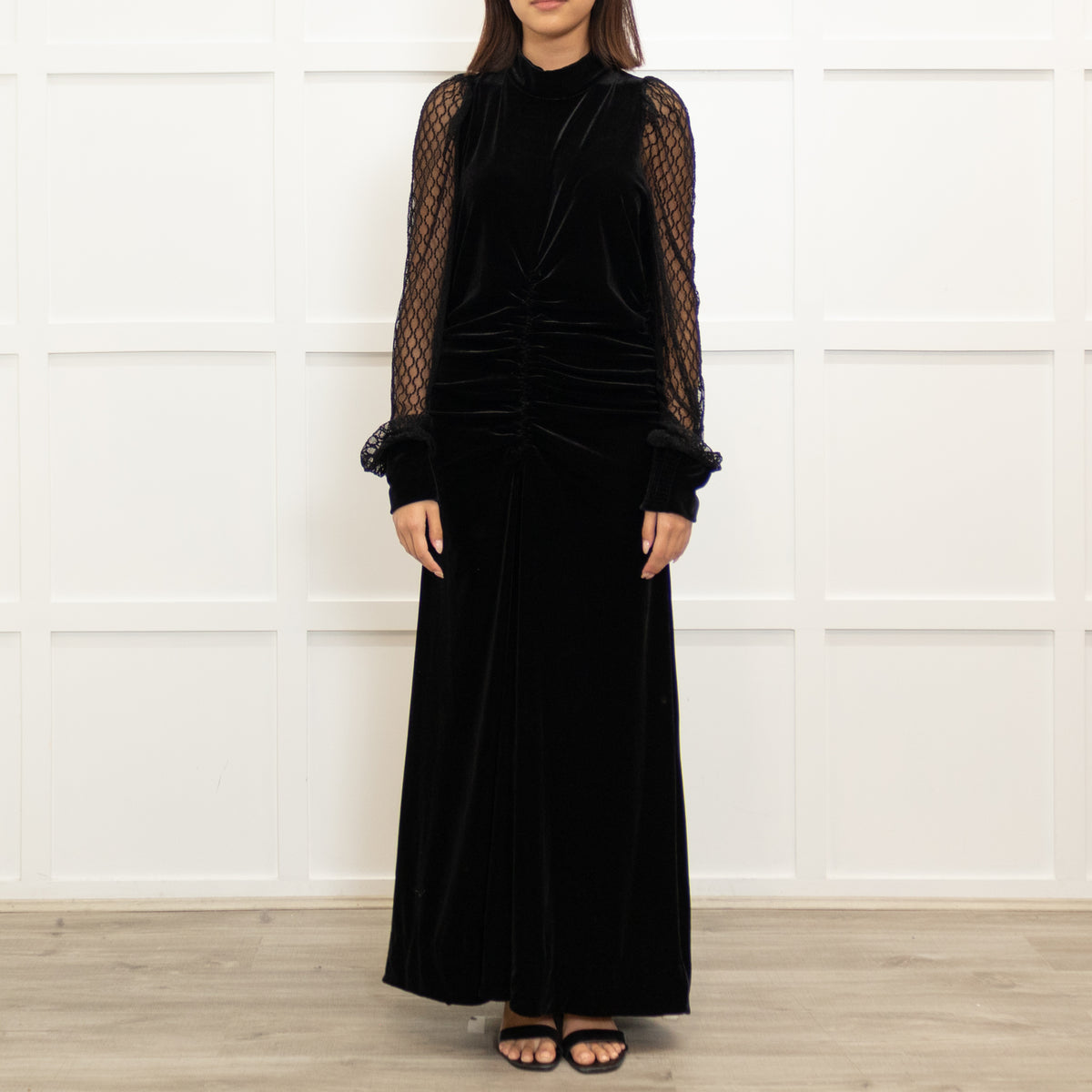 Me + Em Black Velvet Lace Sleeve Maxi Dress