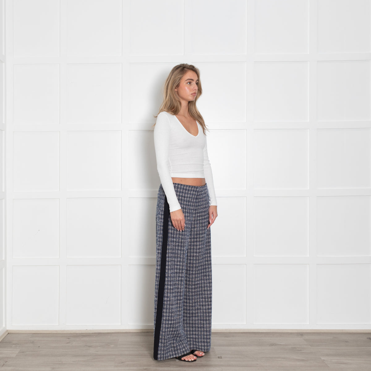 Me+Em Blue Beige Silver Lurex Tweedy Side Stripe Wide Leg Trousers