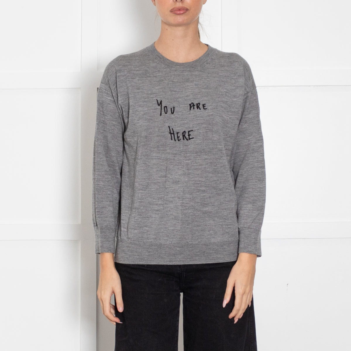 J Crew Grey Wool Jumper With 'You Are Here' Logo
