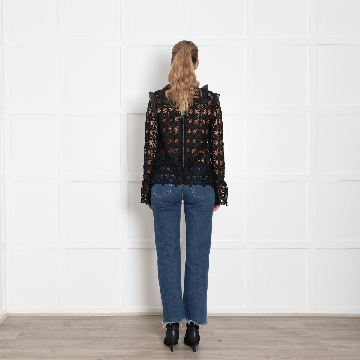 Self Portrait Black Lace Frill Trim Long Sleeve Top