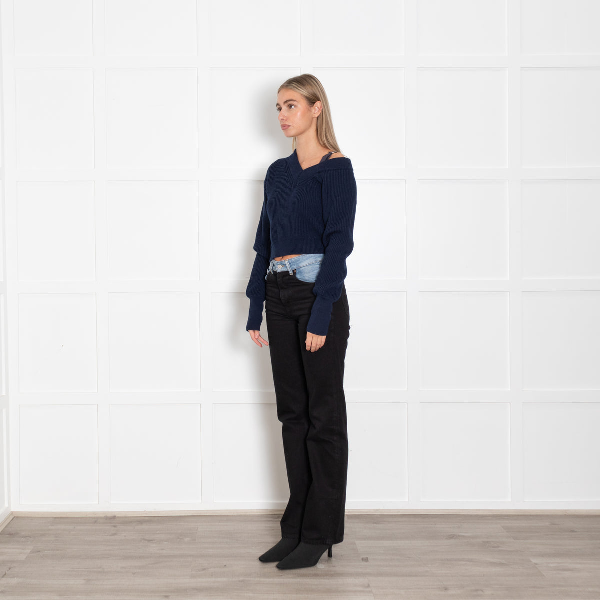 Jacquemus Navy Ribbed  Deep V Crop Asymetric Jumper