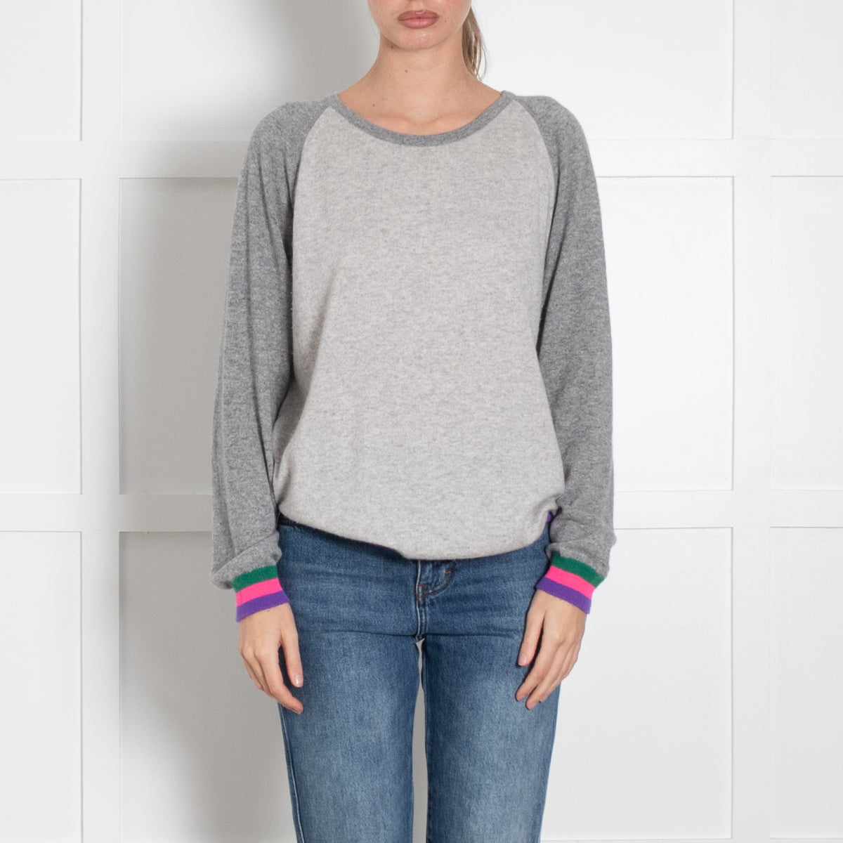Cove Grey Multi Colour Trim Cashmere Jumper