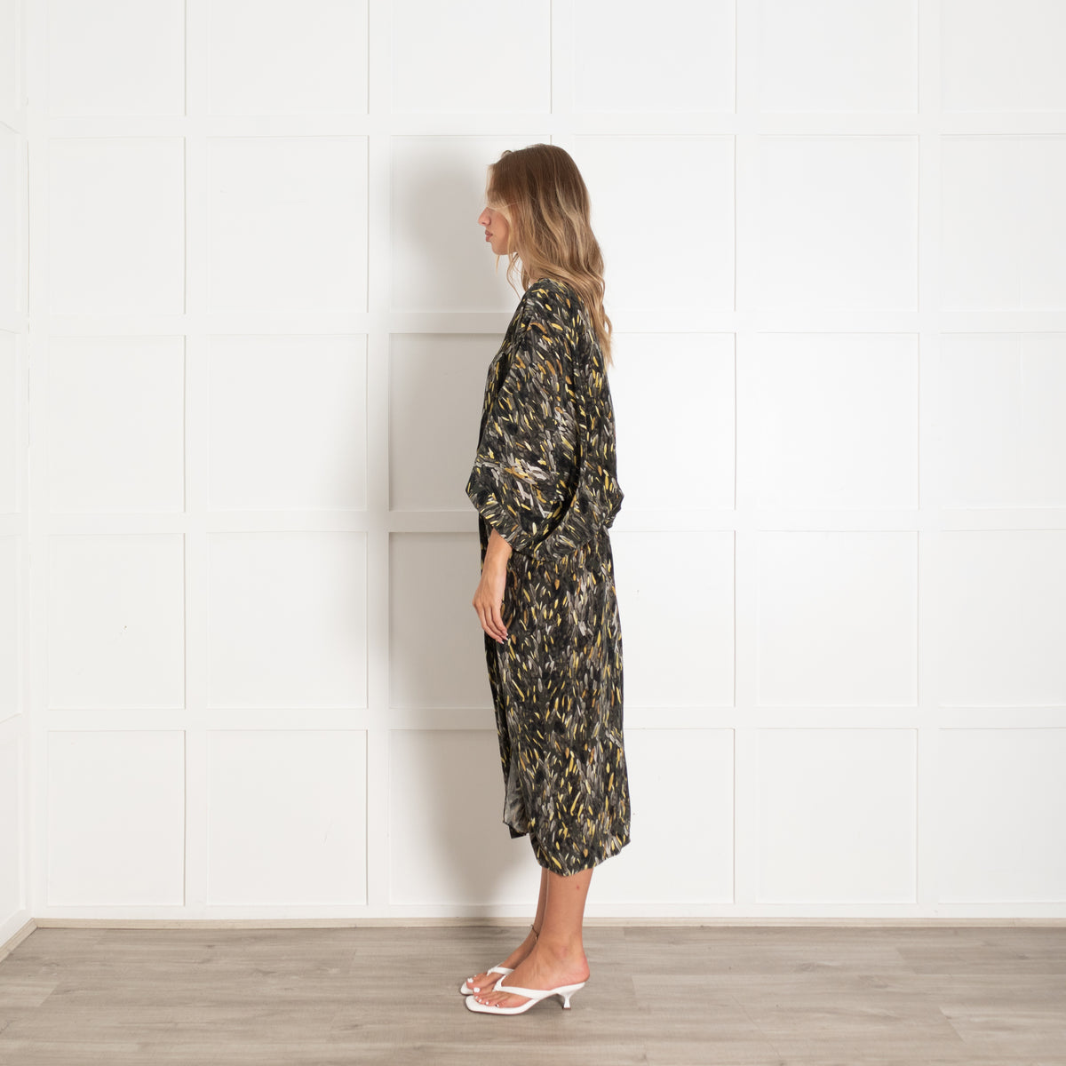 Go Silk Green And Yellow Kimono Style Silk Dress