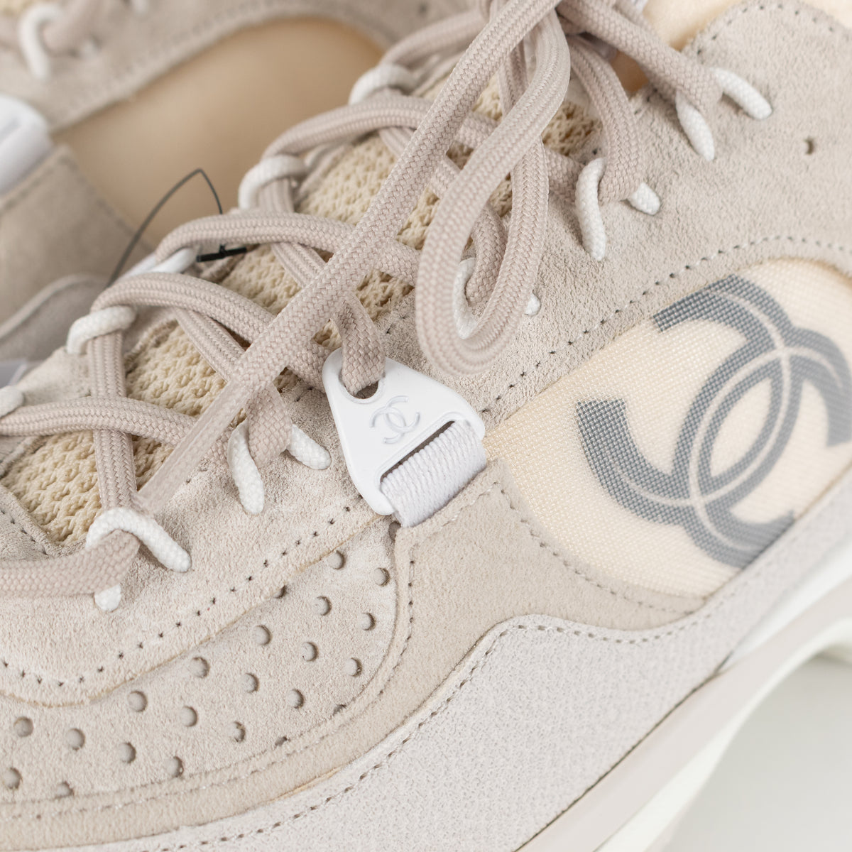 Chanel Beige Perforated Mesh Design With CC Suede Trainers