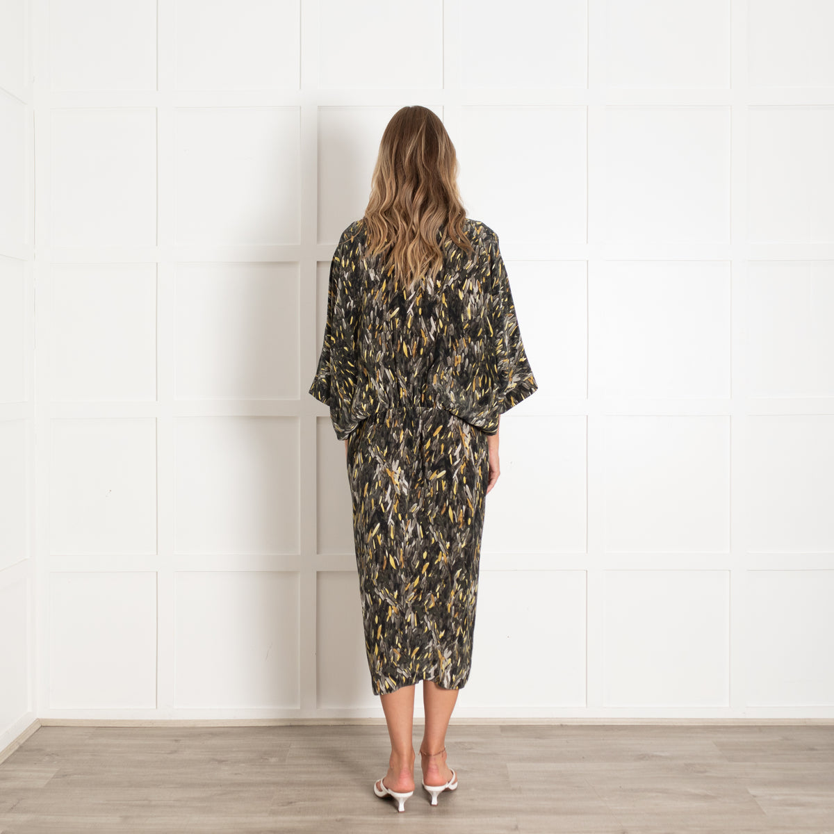 Go Silk Green And Yellow Kimono Style Silk Dress