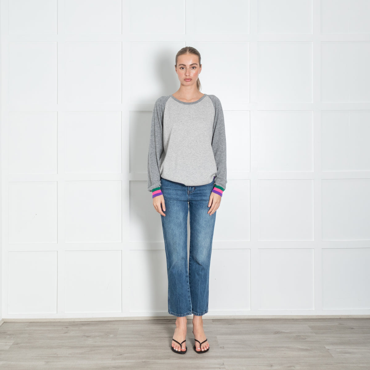 Cove Grey Multi Colour Trim Cashmere Jumper