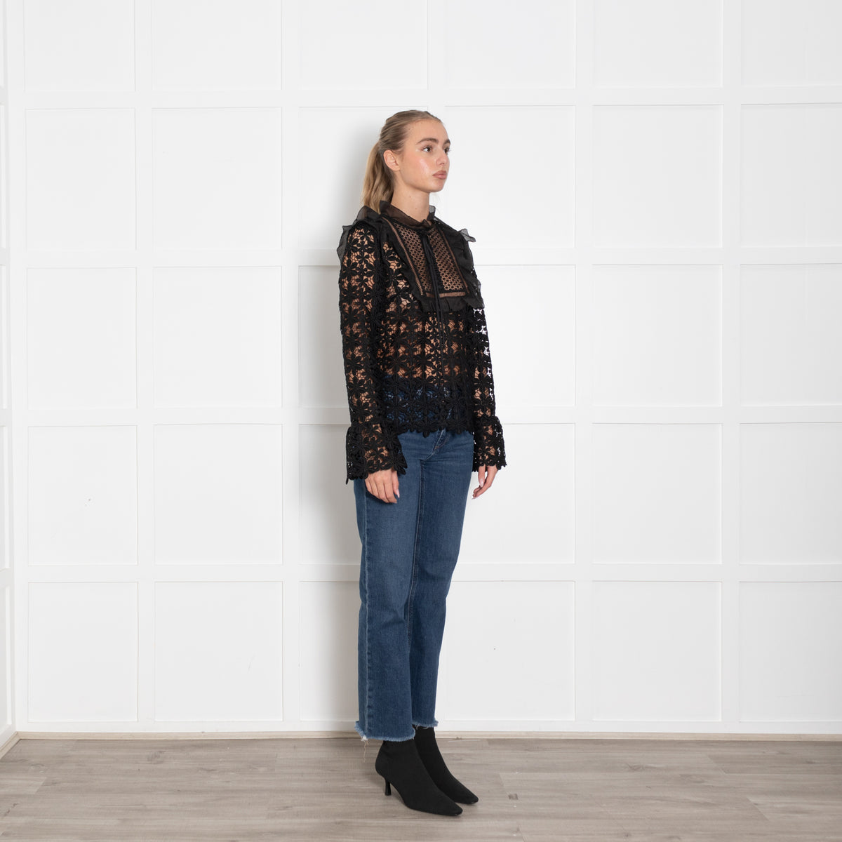 Self Portrait Black Lace Frill Trim Long Sleeve Top