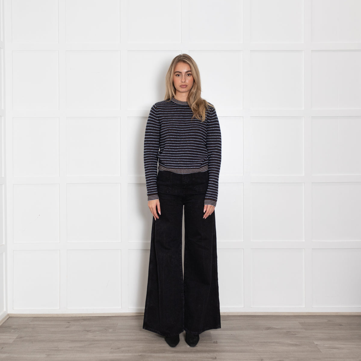 White + Warren Navy Brown And White Stripe Cashmere Jumper