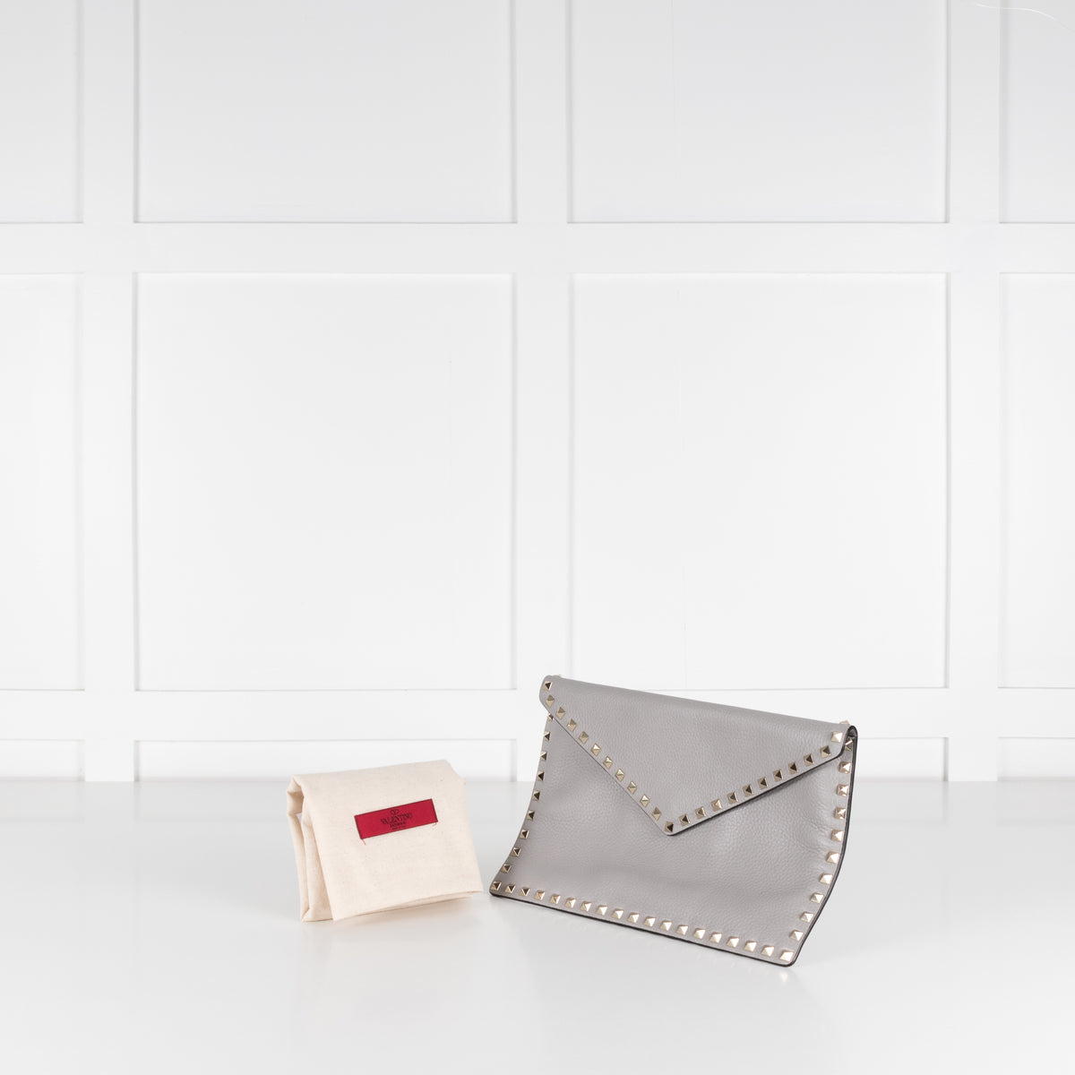Valentino Grey Grained Leather Rockstud Envelope Clutch
