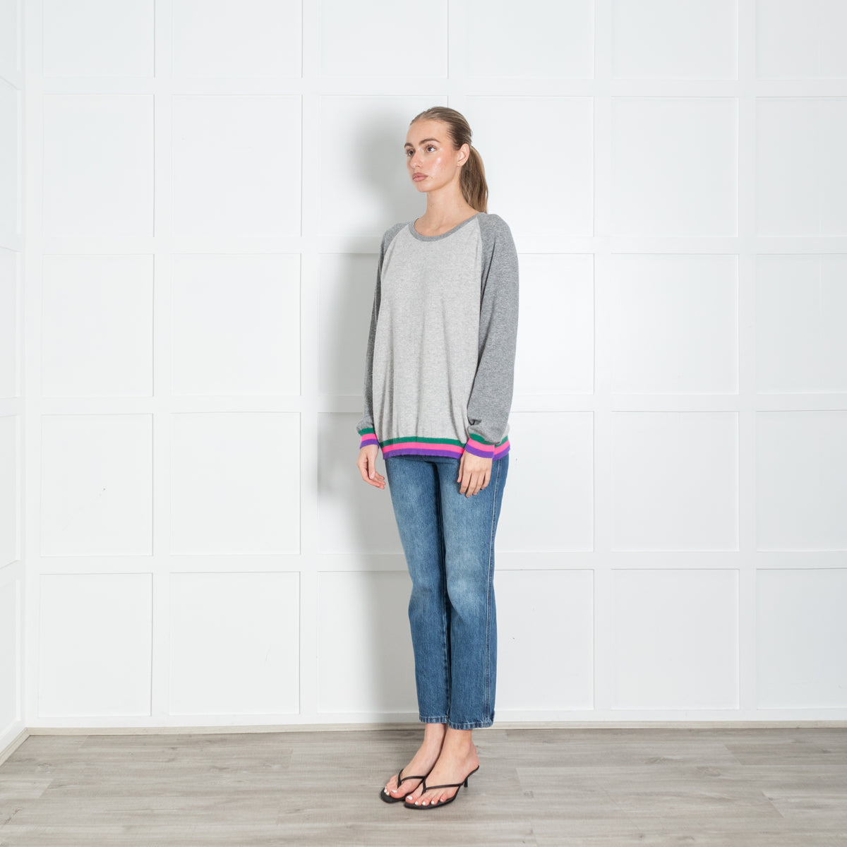 Cove Grey Multi Colour Trim Cashmere Jumper
