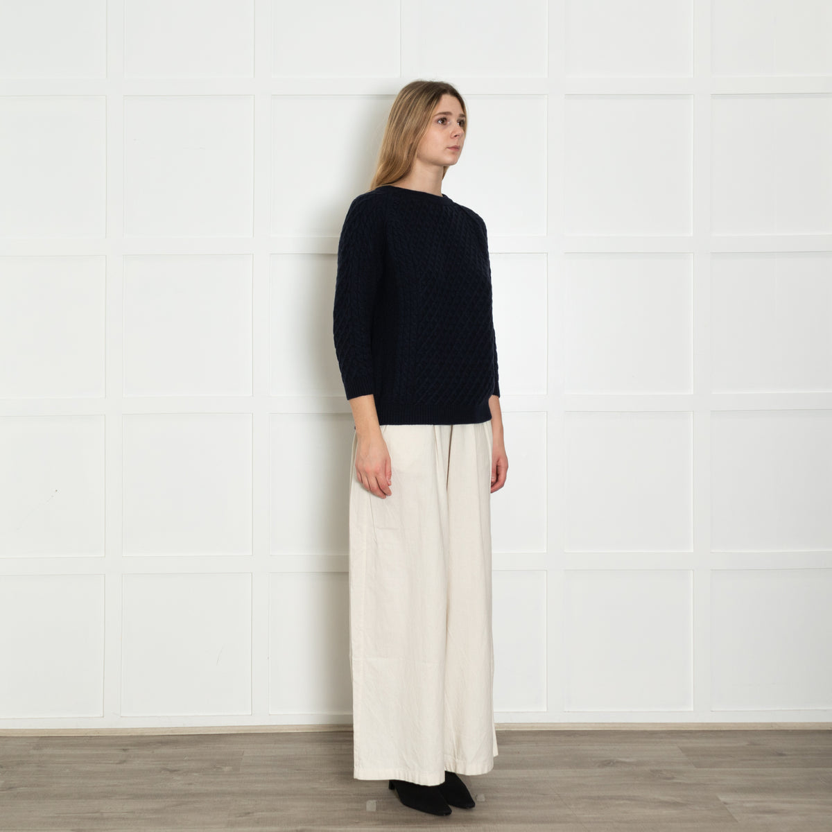 Chinti & Parker Navy Blue Cable Merino Wool Blend Sweater