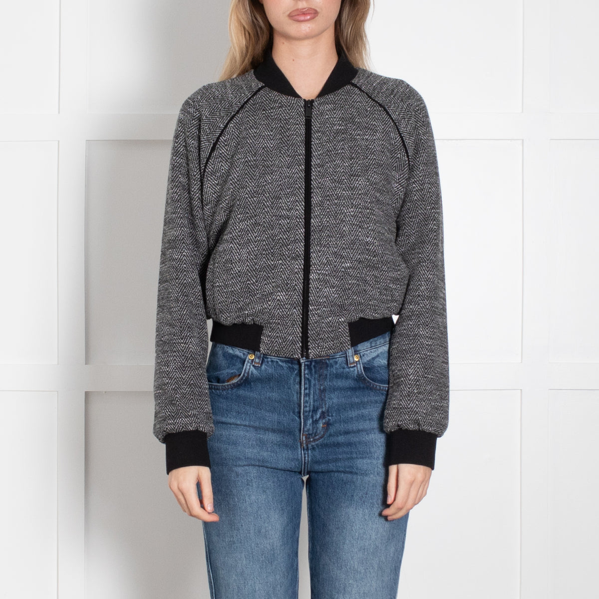 Me + Em Black & Grey Herringbone Jacquard Jersey Bomber