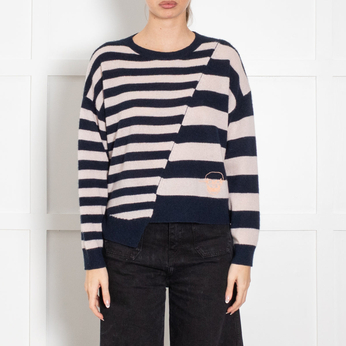 Skull Cashmere Navy Cream Asymmetric Cashmere Sweater