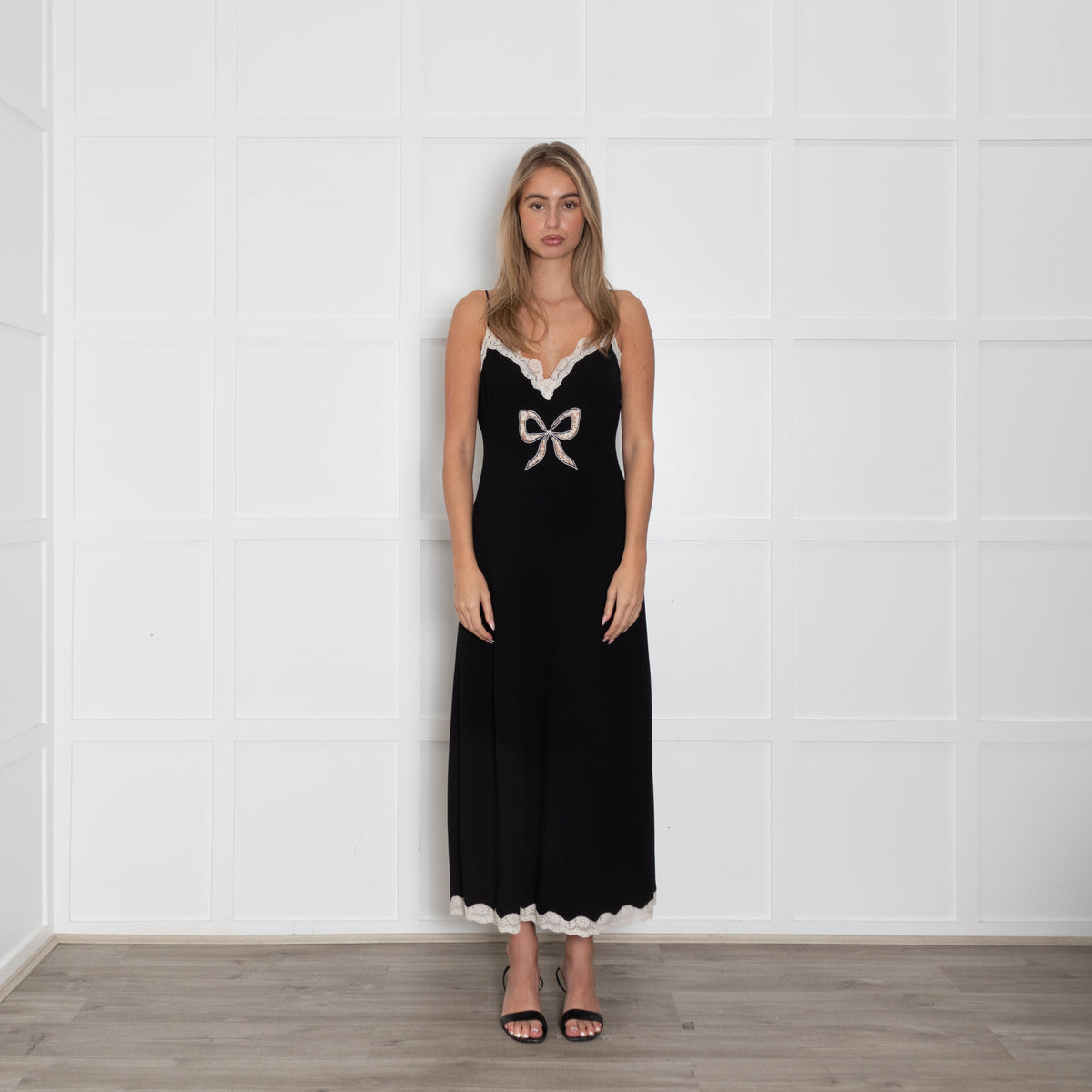 LoveShackFancy Black Cream Lace Trim Slip Dress