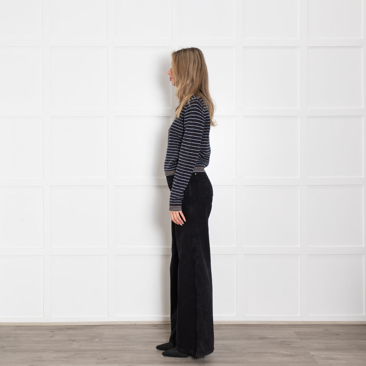 White + Warren Navy Brown And White Stripe Cashmere Jumper