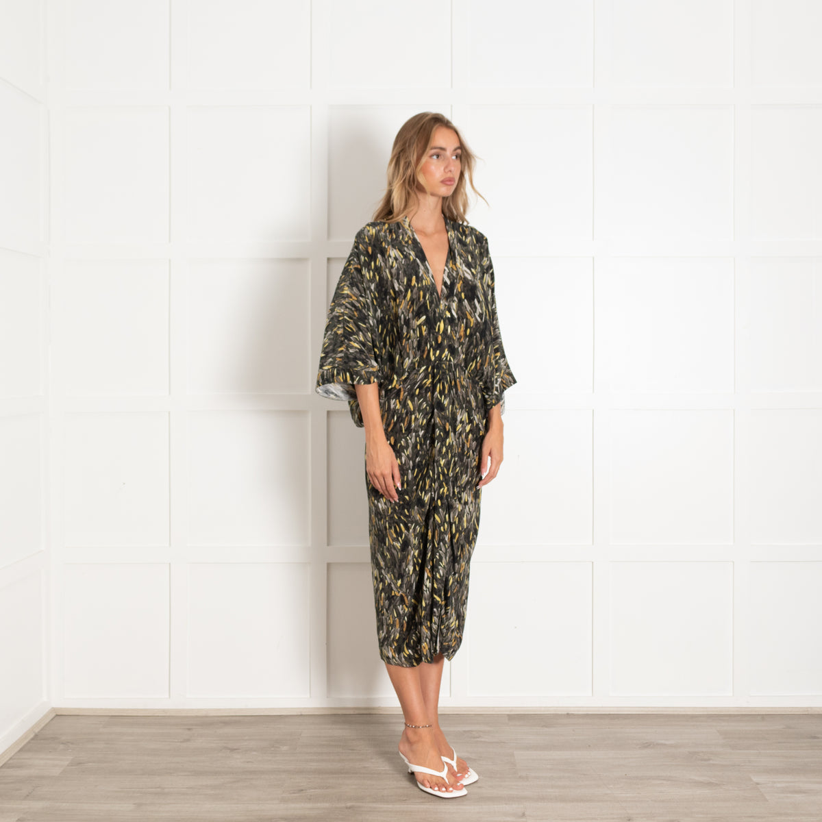 Go Silk Green And Yellow Kimono Style Silk Dress