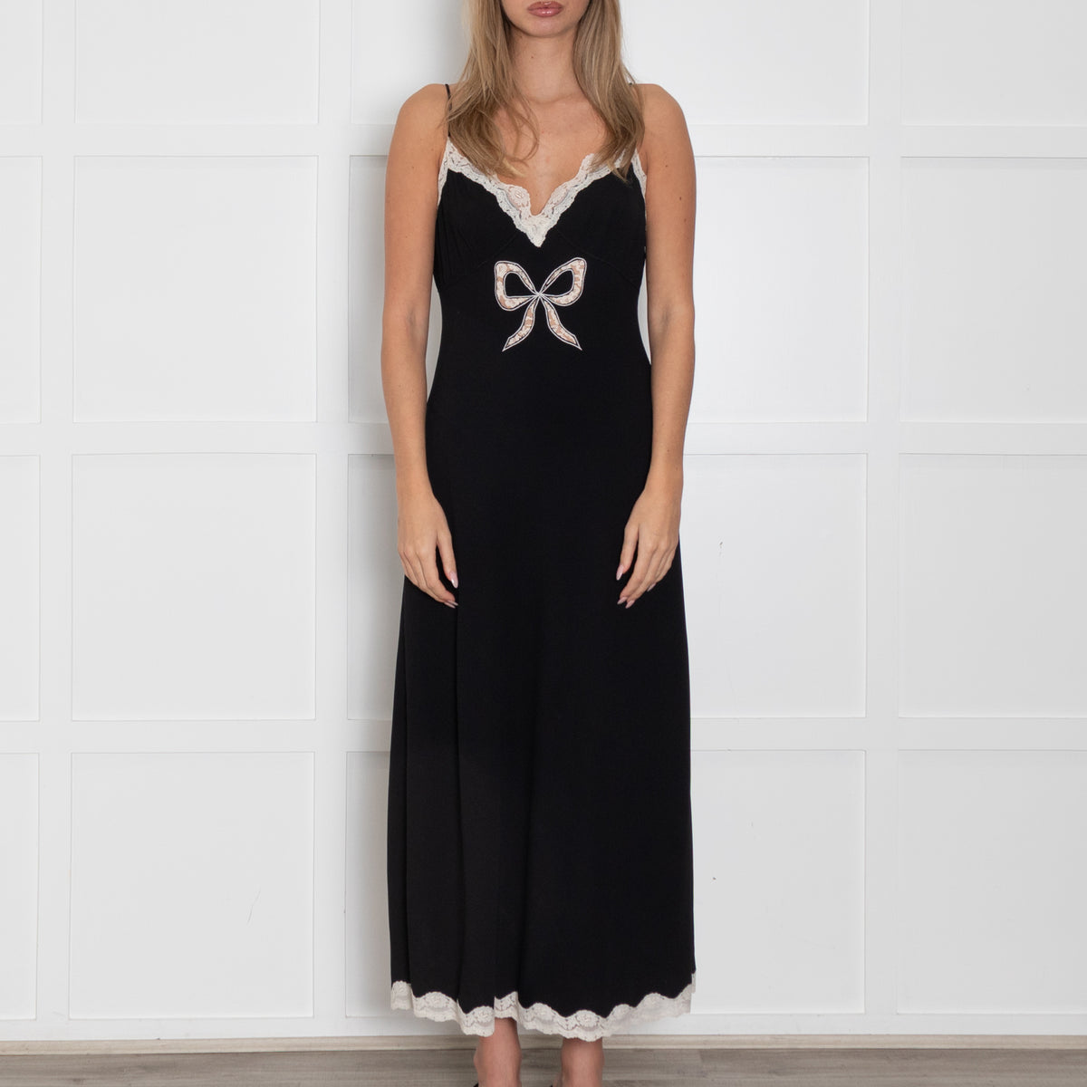 LoveShackFancy Black Cream Lace Trim Slip Dress