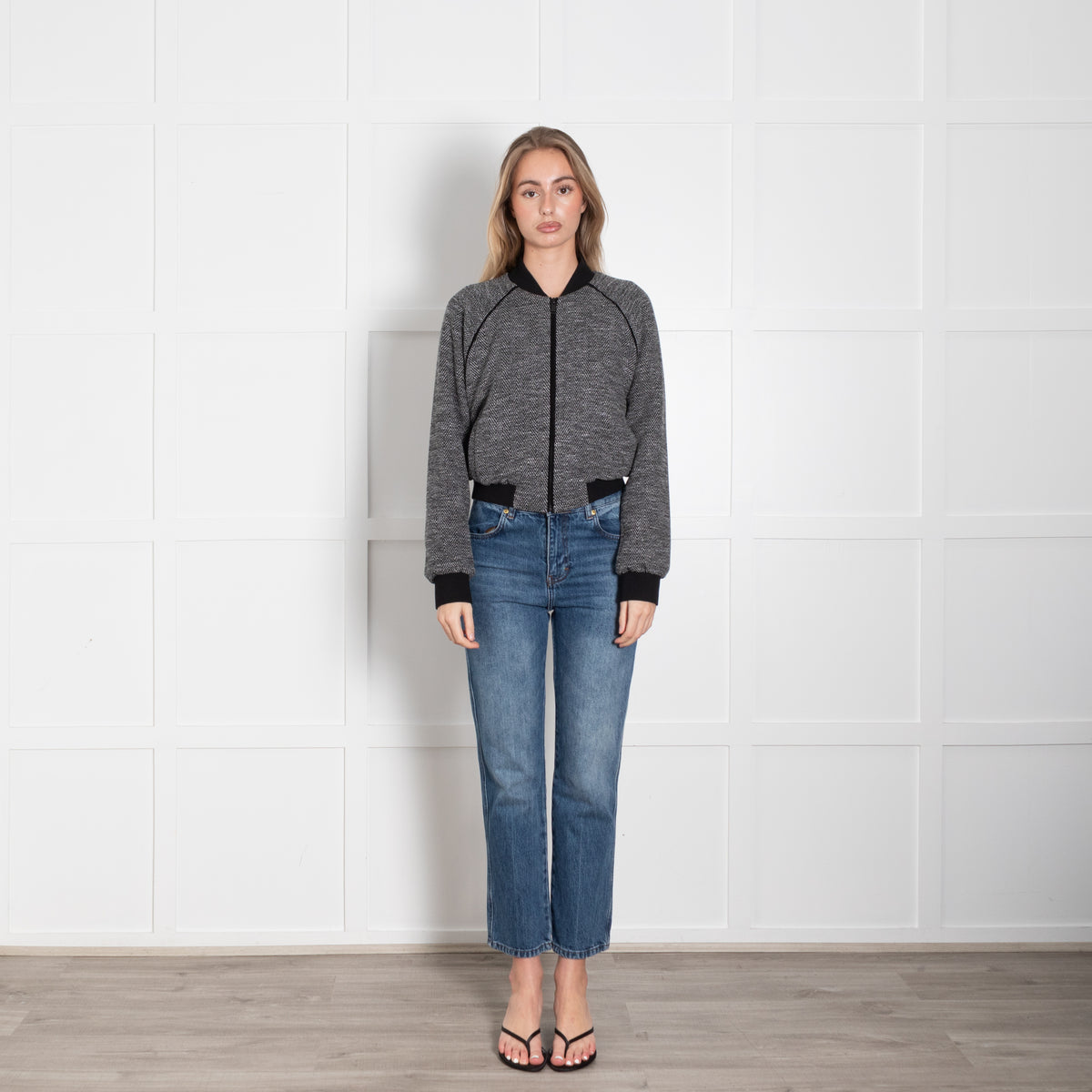 Me + Em Black & Grey Herringbone Jacquard Jersey Bomber