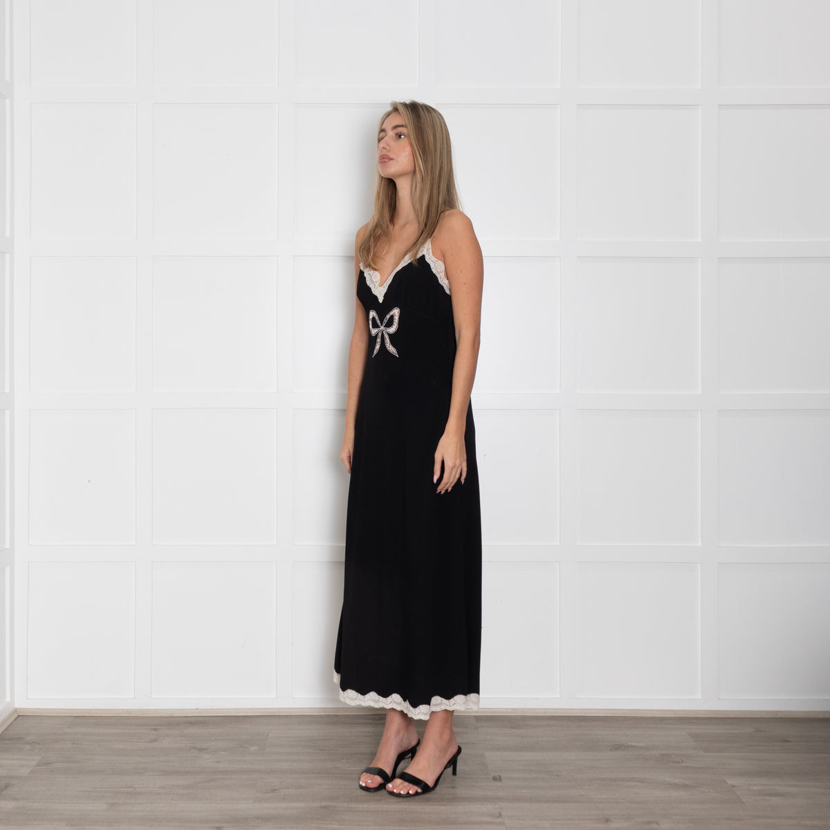 LoveShackFancy Black Cream Lace Trim Slip Dress