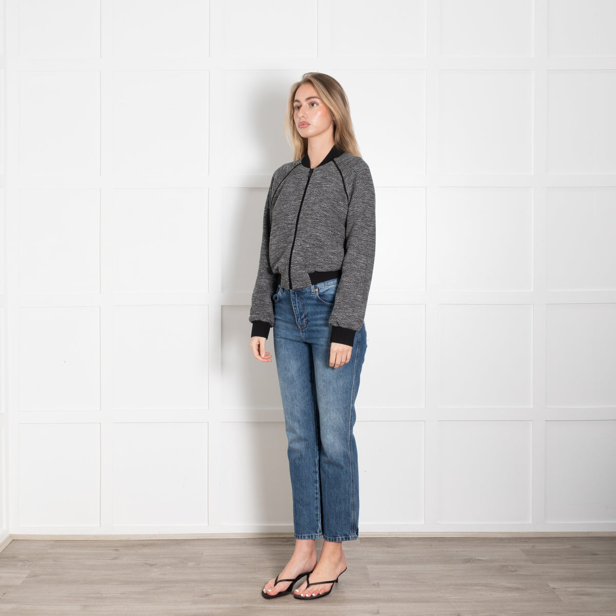 Me + Em Black & Grey Herringbone Jacquard Jersey Bomber
