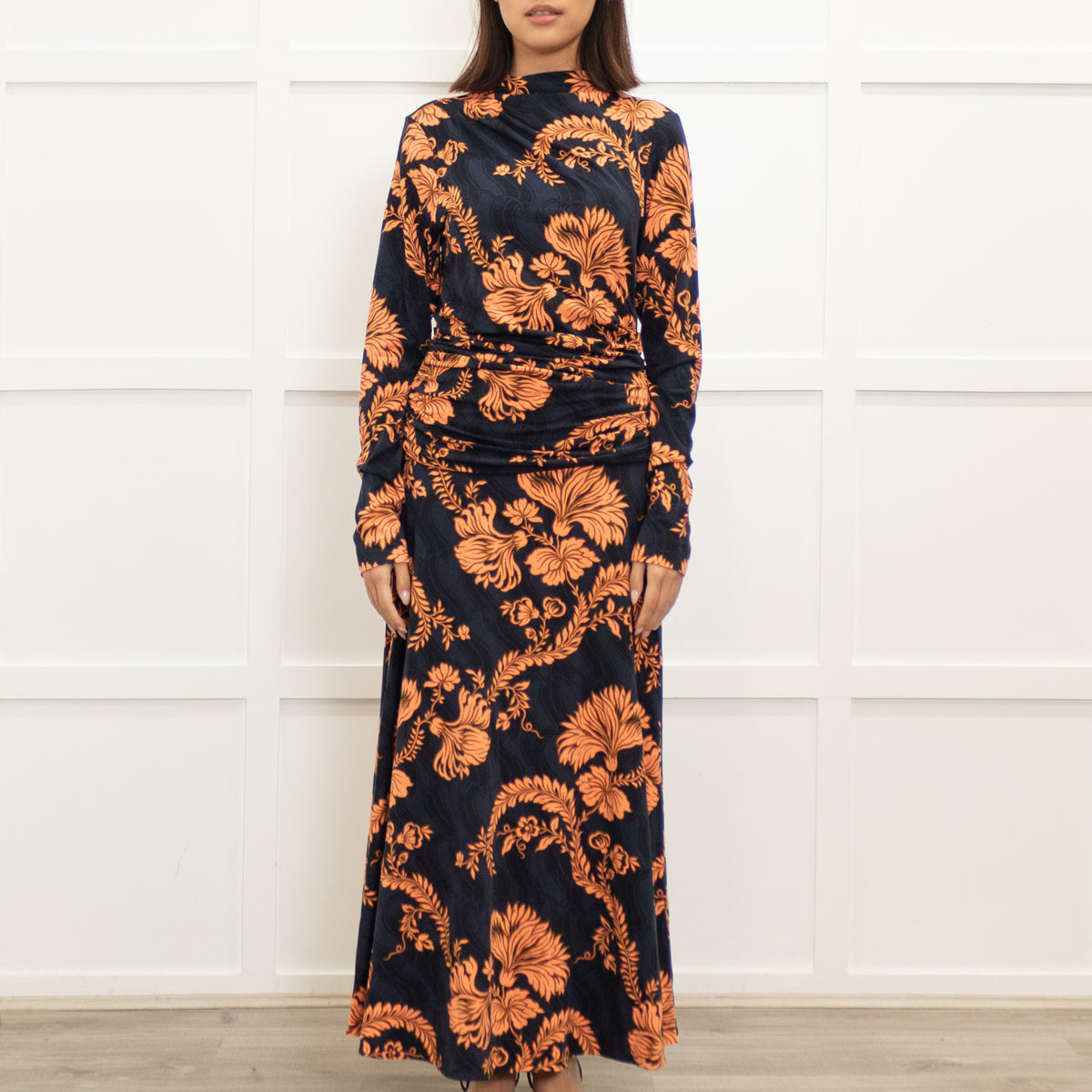Me + Em Navy Blue Orange Floral Jersey Maxi Dress