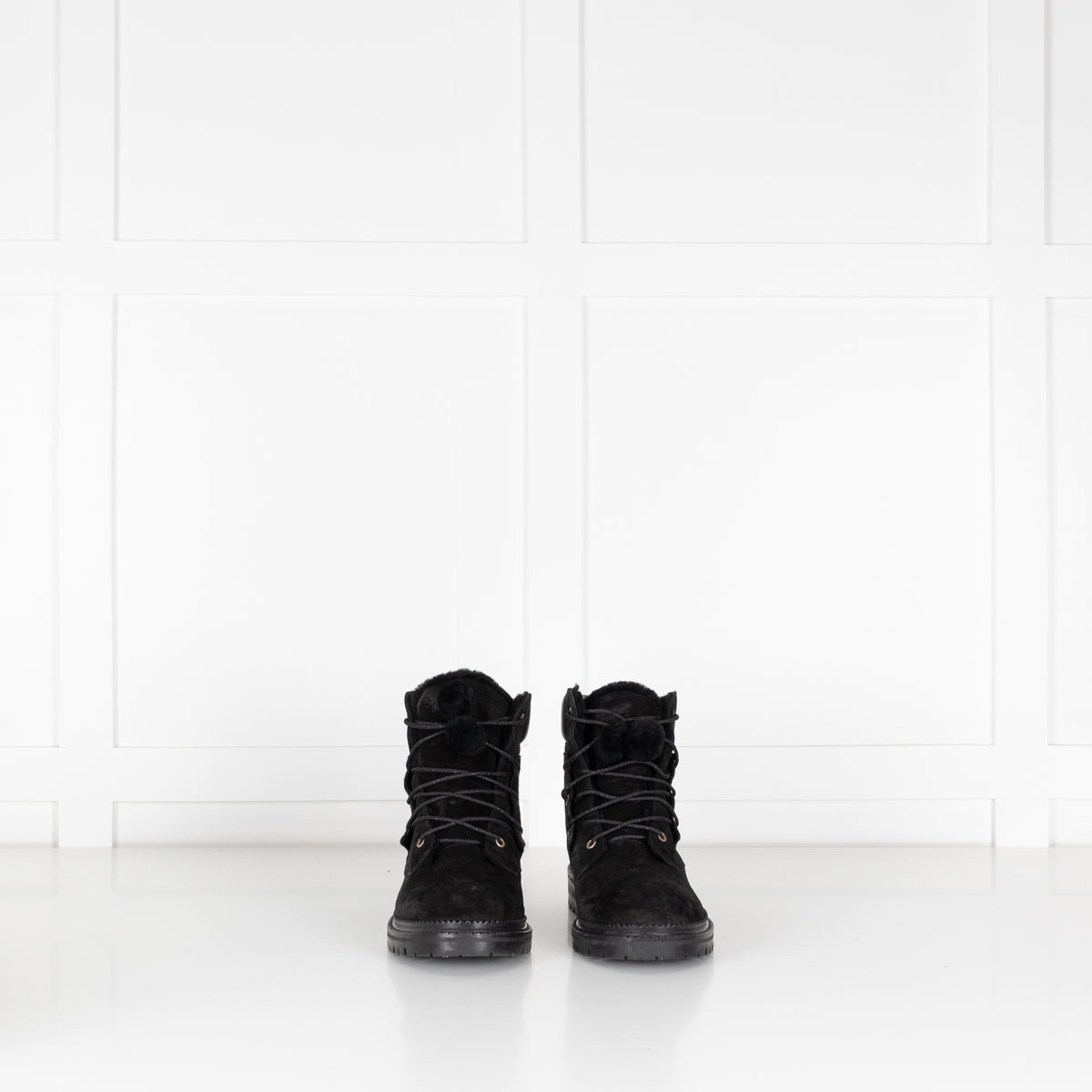 Jimmy Choo Black Suede Pom Pom Flat Boots with Shearling Lining