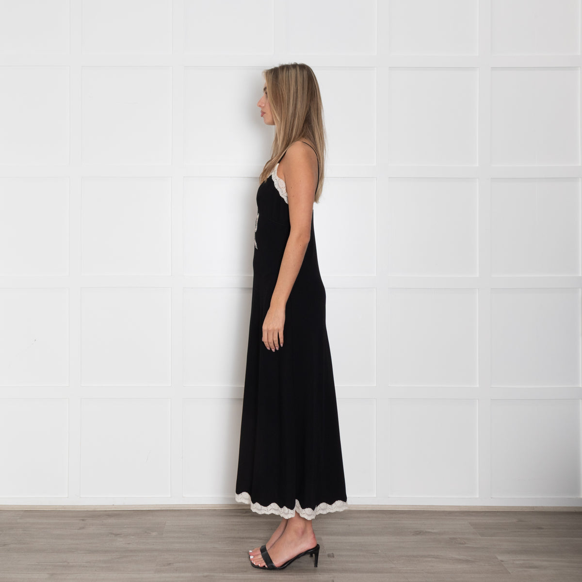LoveShackFancy Black Cream Lace Trim Slip Dress