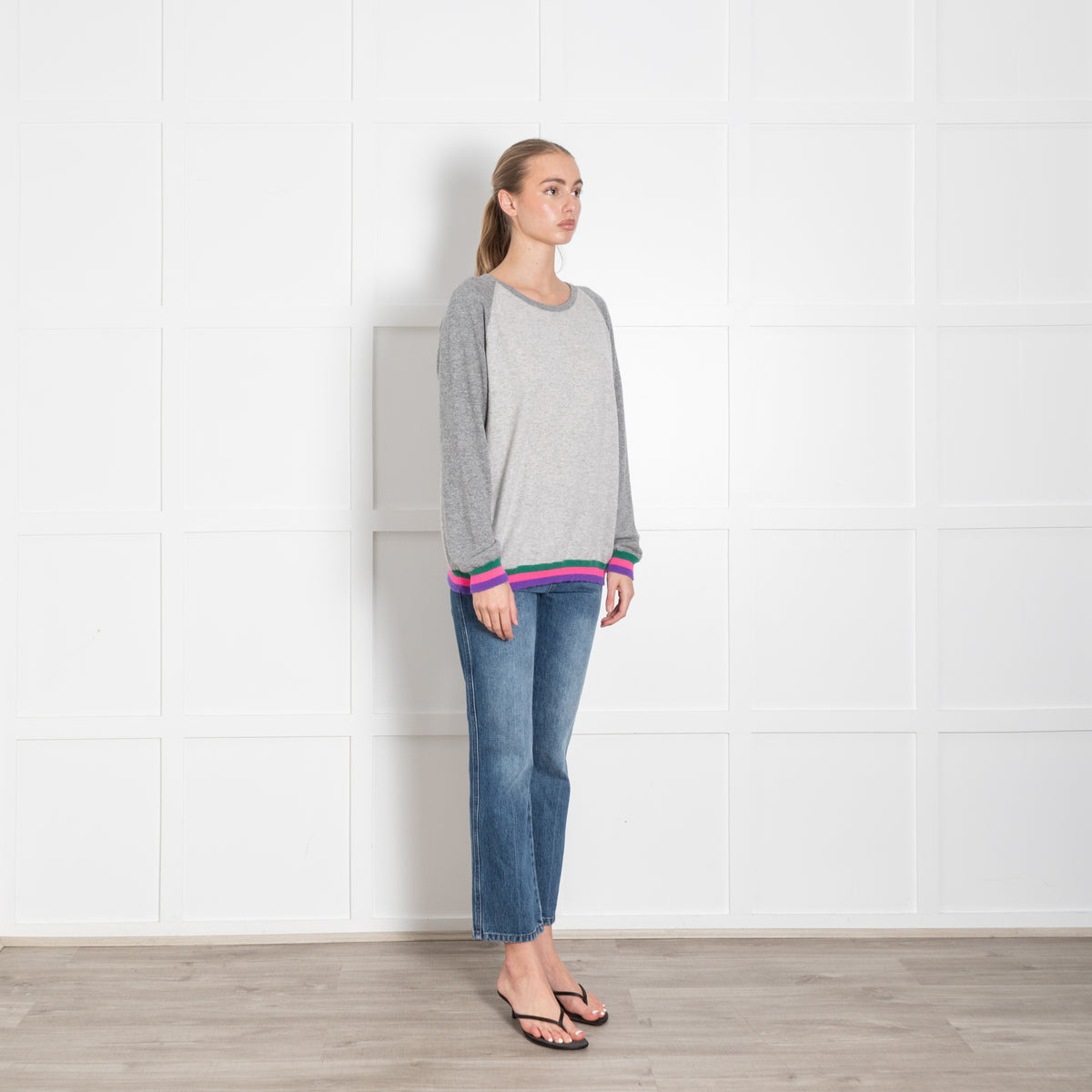 Cove Grey Multi Colour Trim Cashmere Jumper