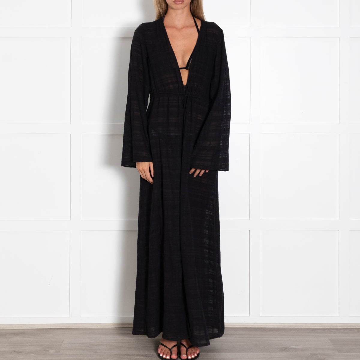 Honorine Black Beach Tie Front Long Kaftan