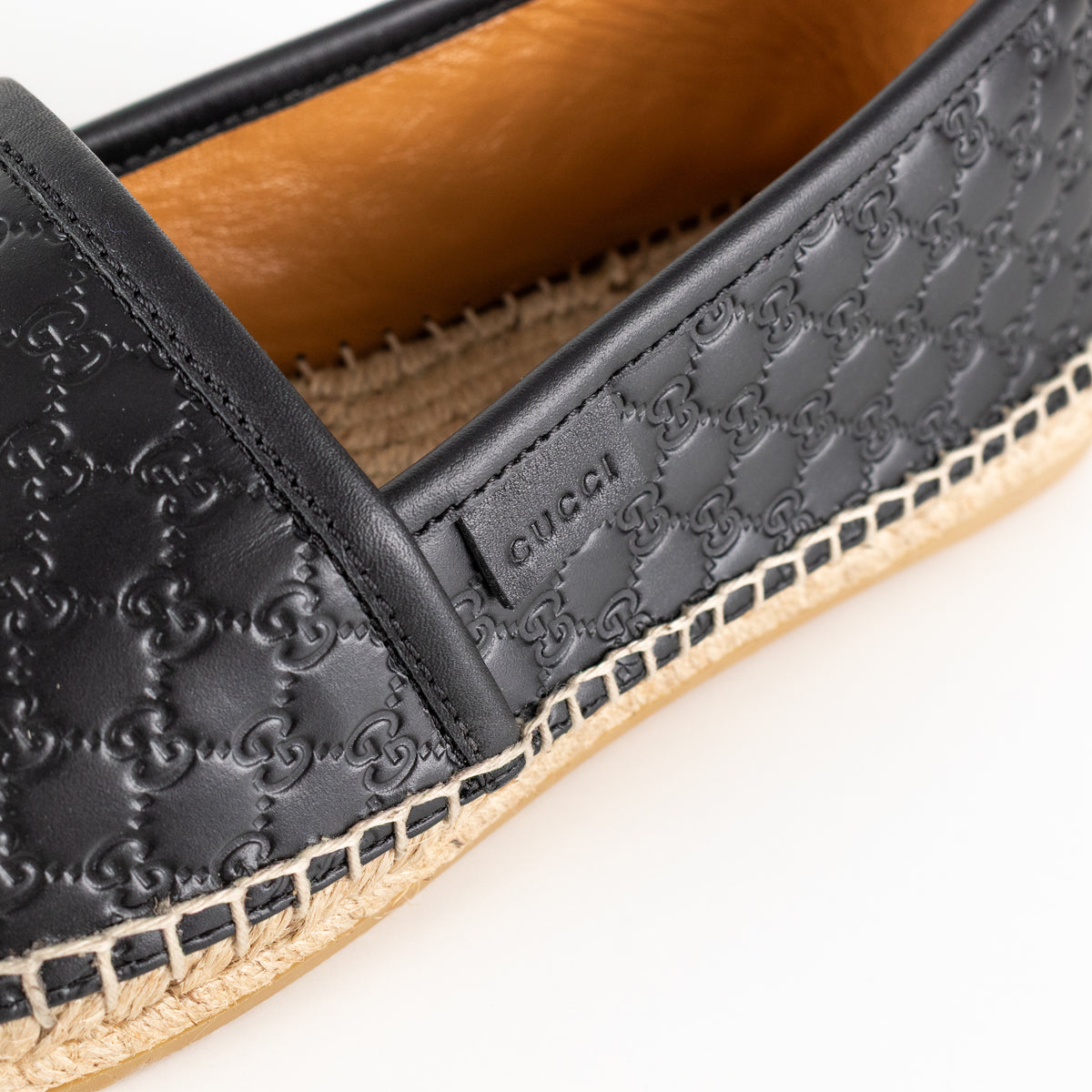 Gucci Black Leather Logo Embossed Espadrilles
