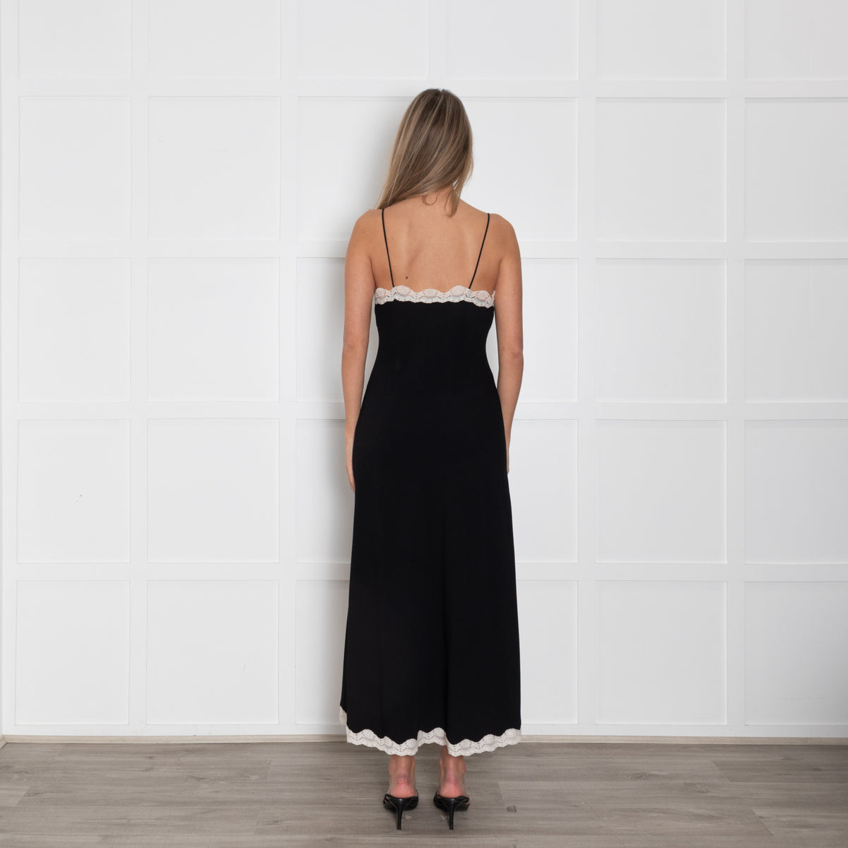 LoveShackFancy Black Cream Lace Trim Slip Dress